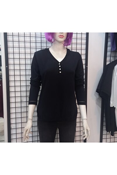 Butik Şans Πλεκτή μπλούζα JM με λαιμόκοψη V και λεπτομέρεια από τούλι