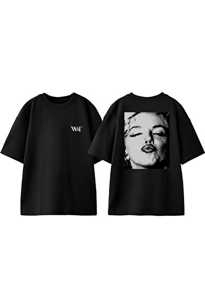 THEWERT Tricou oversize negru din bumbac imprimat cu design Marilyn Monroe Kiss