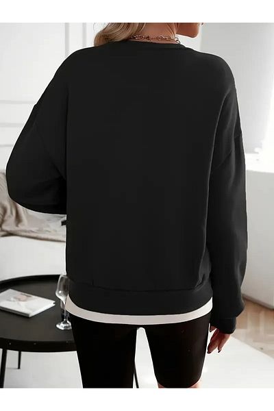 PALPİTO Women's Black Moon Printed Crew Neck Oversize Sweatshirt