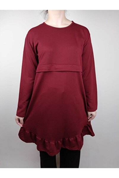 YAŞAR TRİKO Kadın Bordo Robalı Bisiklet Yaka Fırfırlı Uzun Kollu İki İplik Tunik
