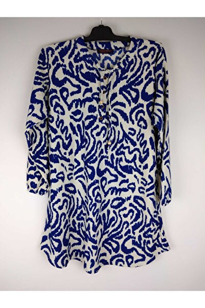 YAŞAR TRİKO Жіноча бежева туніка з синім коміром на ґудзиках, довгими рукавами, манжетами на зап'ястях та овальною спідницею з підкосами.