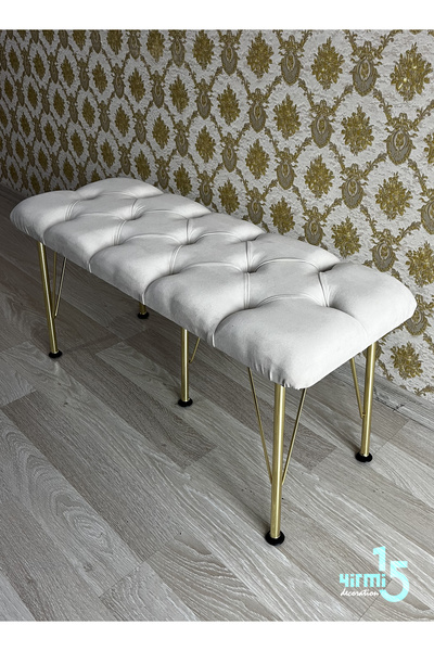 Yirmi15 Gold Metal Ayaklı Krem Bench Babyface Puf & Bench