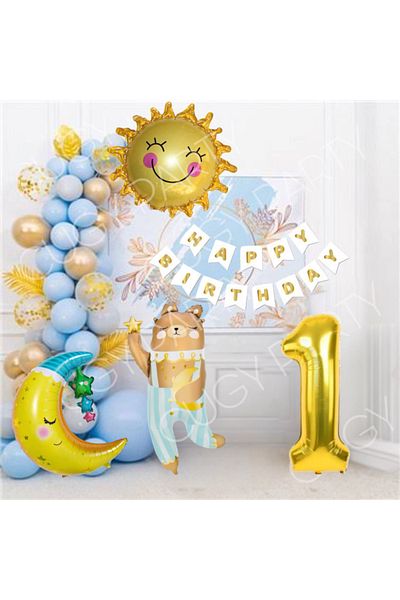 CUGY SET DE PETEȚI DE ANIVERSĂRI CU LANT DE BANDEAU ALBASTRU SMILING SUN & MOON & ADORABLE TEDDY BEAR