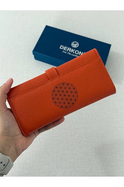 DERKON Genuine Leather Life Wallet with Orange Flower Pattern