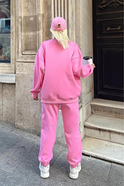 NO 601 Γυναικείο Σετ Φούτερ Φούτερ με λαιμόκοψη σε ροζ λαιμόκοψη