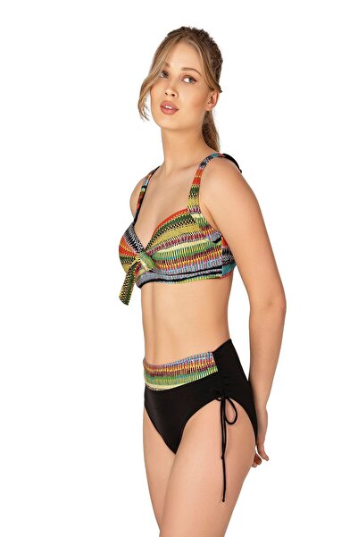 Endeep Kadın Büyük Beden Balenli Destekli Çizgili Desenli Bikini Takımı