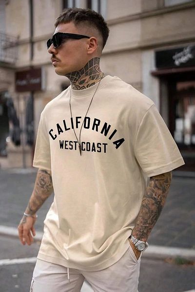 NO 601 Ανδρικό μπλουζάκι μπεζ California West Coast με στάμπα oversize