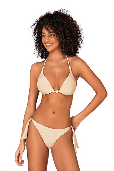 Endeep Kadın Yarım Dolgulu Aksesuarlı Simli Bej Bikini Takımı