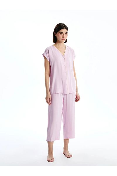 LC Waikiki Lcw Dream Lilac V-Neck Women's Capri Pajamas Set