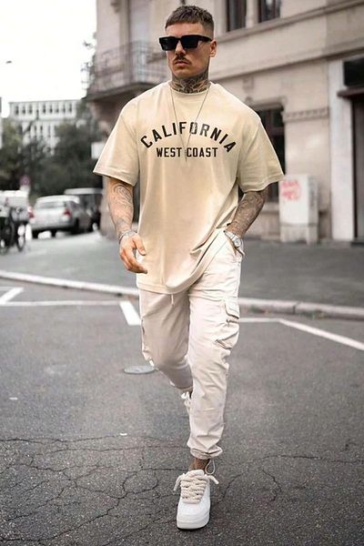 NO 601 Ανδρικό μπλουζάκι μπεζ California West Coast με στάμπα oversize