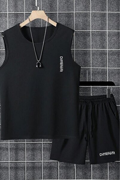 NO 601 تي شيرت رجالي بدون أكمام بطباعة عمودية مختلفة باللون الأسود