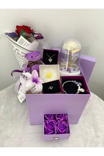 PRİYA JEWELERY Sevgiliye Özel Mor Hediye Seti, Love Konsept Kutu, Morsever Çekmeceli Hediye Kutusu