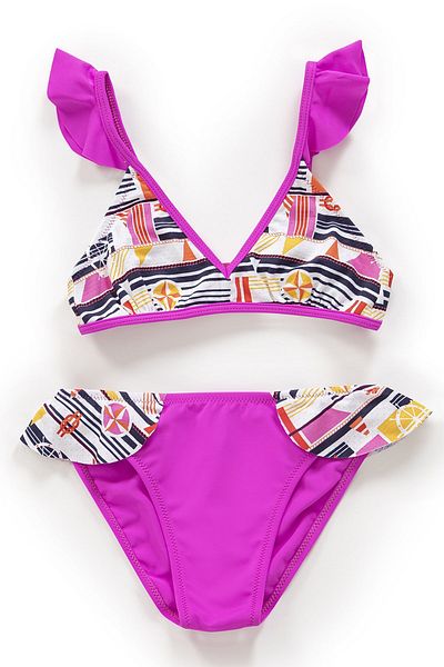 Endeep Girl's Patterned Flounce Pink Bikini Set