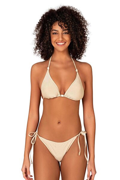 Endeep Kadın Aksesuarlı Simli Bej Üçgen Bikini Takımı