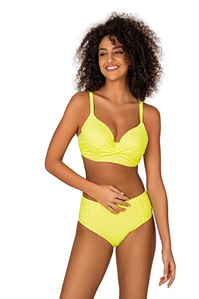 Endeep Kadın Büyük Beden Destekli Büzgü Detaylı Sarı Bikini Takımı