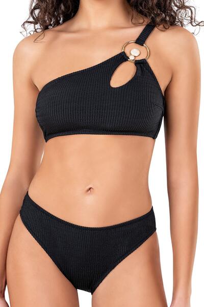 Endeep Women's Cut Out Detailed Textured Black Bikini Set