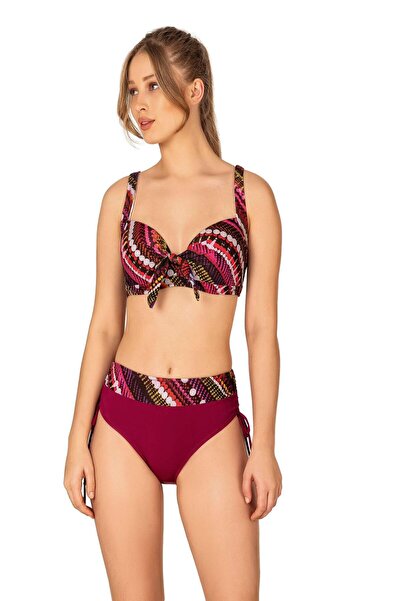 Endeep Kadın Büyük Beden Balenli Destekli Bordo Desenli Bikini Takımı