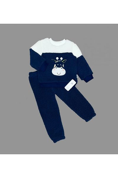 Ecenaz 1-2-3 Years Old Pom Pom Giraffe Patterned Lamb Fabric Long Sleeve 2-Piece Girls Boys' Set Navy Blue