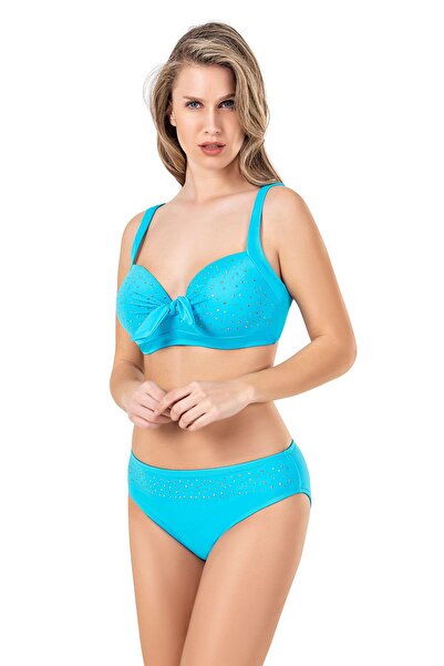 Endeep Kadın Fiyonk ve Taş Detaylı Büyük Beden Mavi Bikini Takımı