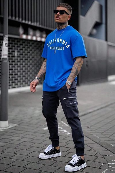 NO 601 Ανδρικό μπλουζάκι Saks Blue California West Coast με στάμπα oversize