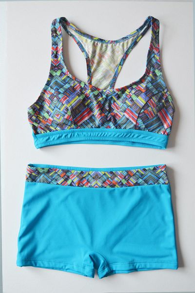Beria Women's Patterned Bralette Light Blue Bikini Set with Gathering Shorts