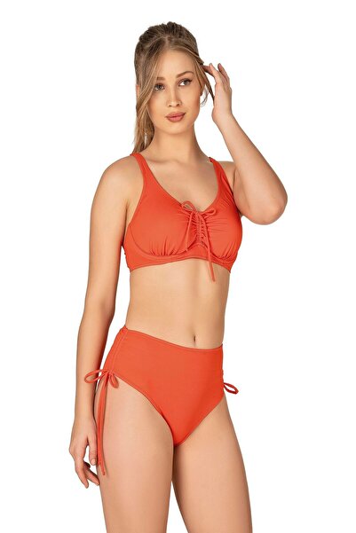 Endeep Kadın Büyük Beden Balenli Destekli Bağlama Detaylı Turuncu Bikini Takımı