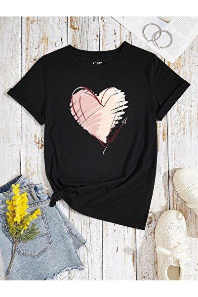 PALPİTO Women's Black Love Heart Printed Oversize T-Shirt