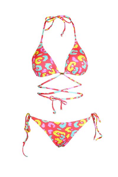 Endeep Beria Women's Cross-Tie Detailed Triangle String Pink Patterned Bikini Set