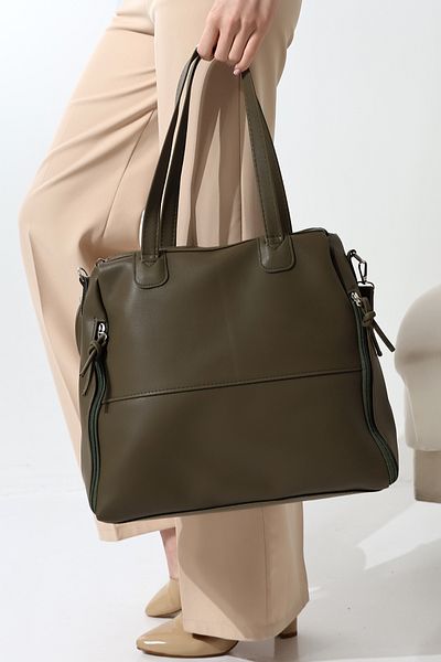 Moda azza Women's Shoulder Bag with Zippered Corners Khaki Green Large Size
