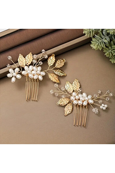 Eva Flore İncili Gold Yapraklı Tarak Toka  Gelin Nişan Lohusa Saç Aksesuarı 2...
