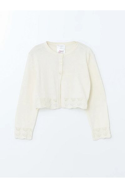 LC Waikiki Lcw Kids Ecru Crew Neck Girl's Knitwear Cardigan