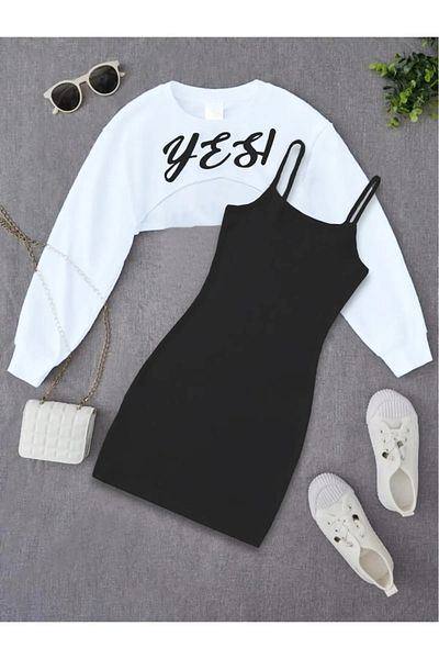 npLStore Kids Yes Printed Dress & Crop Sweatshirt 2-Piece Combination