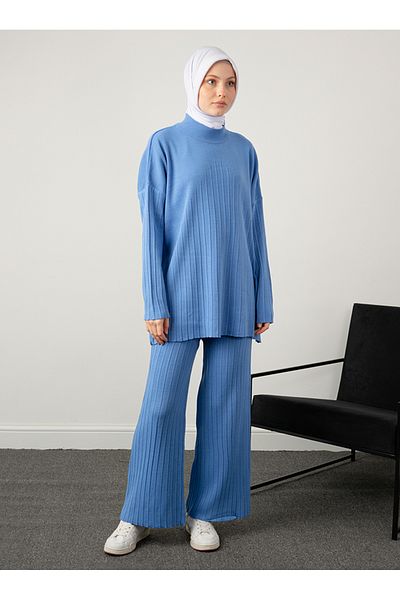 Por La Cara Ribbed Knitwear Set with Chest and Trousers - Blue -