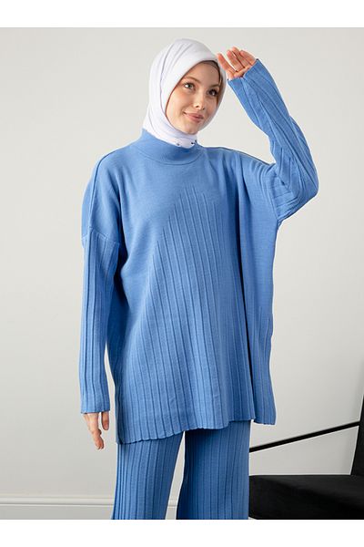 Por La Cara Ribbed Knitwear Set with Chest and Trousers - Blue -