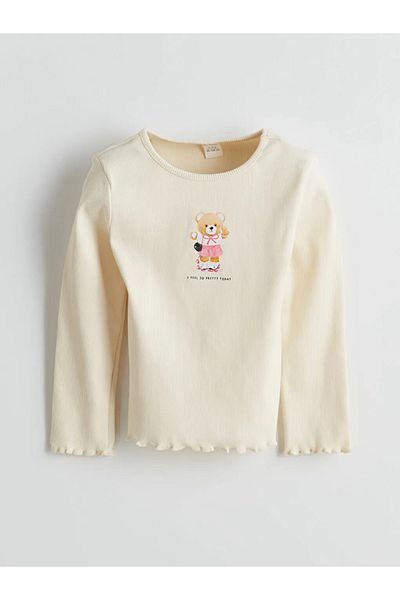 LC Waikiki Ecru T-Shirt για κορίτσια - Πλήρης λαιμόκοψη, μακρυμάνικο, εμπριμέ T T