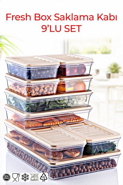 Palica Set of 9 Cream Storage Containers Suitable for Microwave and Deep Freezer - Food Storage and Organization