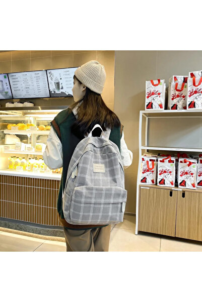 womistore Γκρι καρό σχολικό σακίδιο κορεατικού στυλ Womi