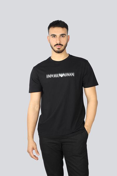 Emporio Armani Ανδρικό μαύρο μπλουζάκι - κανονική εφαρμογή, στρογγυλή λαιμόκοψη, εμπρός στάμπα, κοντό μανίκι EM 000574   AF12349-FC113