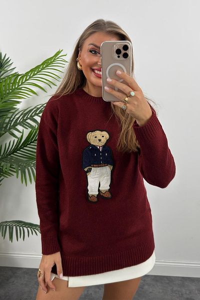 trendalisse Бордови дамски плетен пуловер с бродирано деколте Süzene Teddy