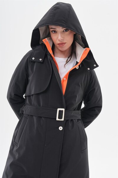 Kayra Μαύρο παλτό με αποσπώμενη κουκούλα