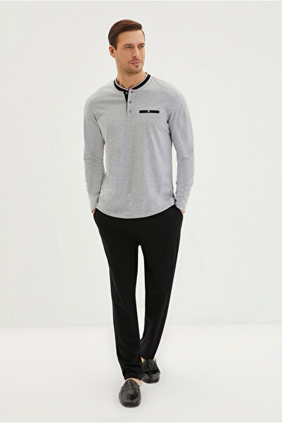 Kiğılı Σετ πιτζάμες 3 τεμαχίων από βαμβακερό χτενισμένο βαμβάκι - με ρόμπα και μπαλωματικό