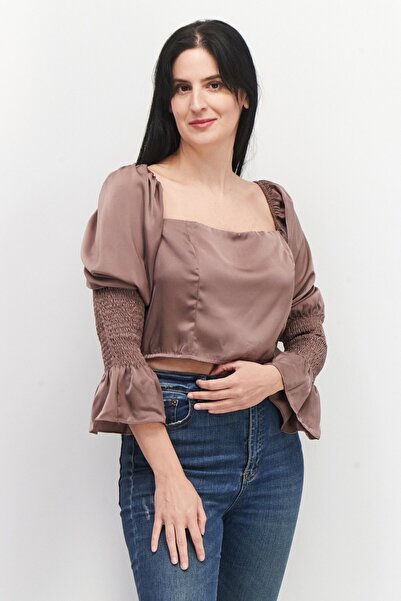 IN THE STYLE بلوزة قصيرة سادة بأكمام منفوخة ورقبة مربعة للنساء، لون بني
