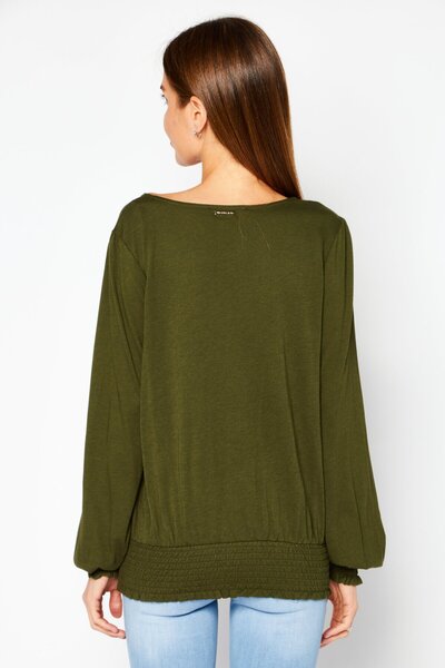 Michael Kors Women Petite V-Neck Bishop Sleeves Plain Top, Olive