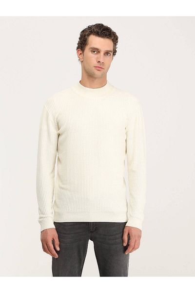 Kip Ecru Cotton Blended - Half Turtleneck Patterned Knitwear