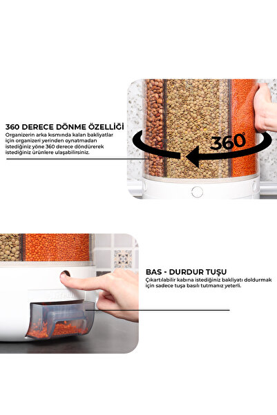Pikas 10 Kg Kapasiteli Gıda Ve Bakliyat, Organizeri 360 Derece Dönebilen, Baharat Kaşığı Hediye