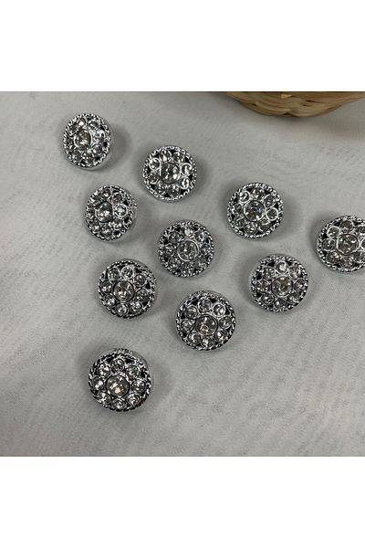 Bukle İplik 34" Length 21.5mm Silver Auger Framed 9 Crystal Detailed Plastic Knob - 6 Pcs