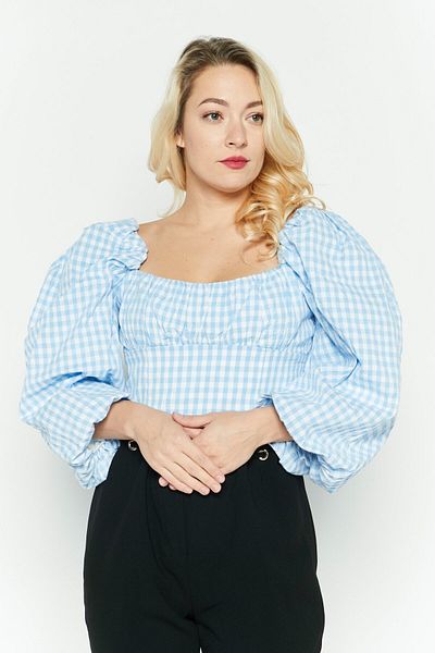 Forever New Women Square Neck Puff Sleeve Gingham Blouse, Blue