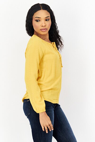 TAIFUN Women Tie Neck Long Sleeve Textured Blouse, Yellow