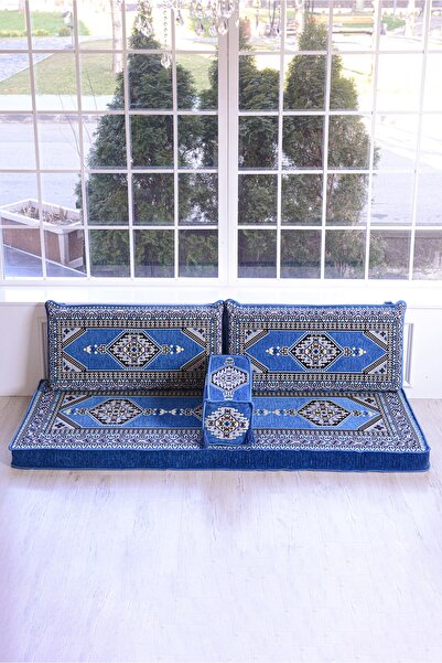 BAKIRÖZÜ HOME Şark Köşesi Takımı Mavi Yahyalı Modeli Sünger Dahil (4 Parça)