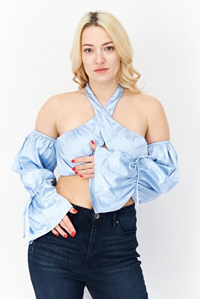 Ei8th Hour Women Halter Neck Cold Shoulder Solid Top, Light Blue